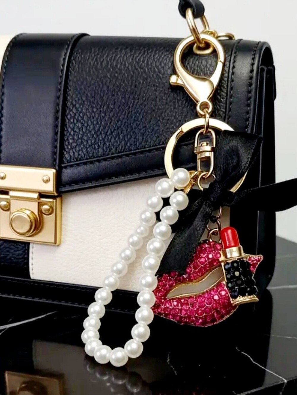 Lip & Lipstick Pearl Keychain Bag Charm with Black Bow - Picture 3 of 7